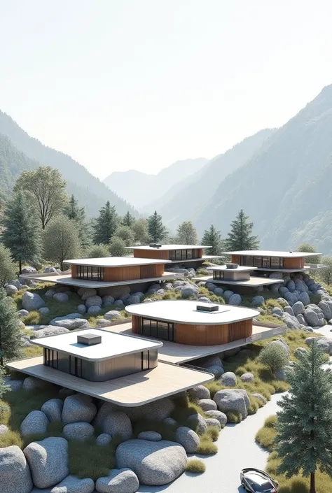  Architectural plan of a group of futuristic and sustainable houses in a mountain environment.  The architectural design is modern and minimalist , with a focus on integration with the natural landscape and the use of renewable energy .