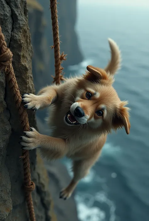 Dog holding a rope afraid of falling on the cliff 