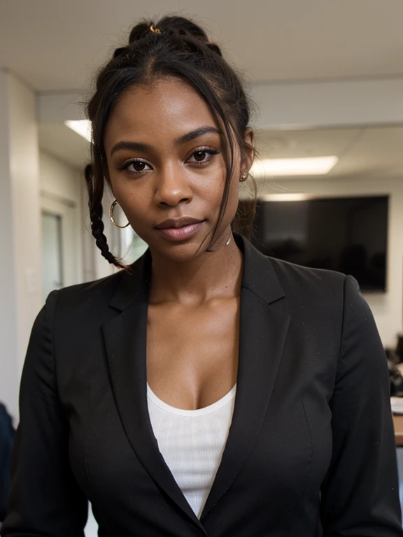 African black woman, very dark ebony skin, curious, dreadlocks chignon, Fitness musclular body, business dress suit, close-up portrait, from face, office