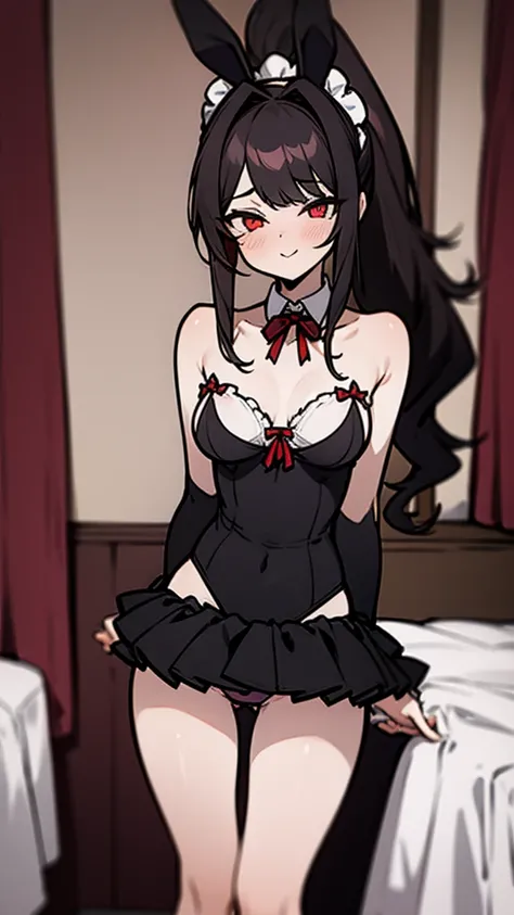  wearing panties , Waist length wavy black hair, penetrating gaze with deep red eyes, average height,  black hair long to the waist, Silky hair with a ponytail hairstyle tied with a red ribbon with two white lines, has a vagina, has breasts, breast cup to,...