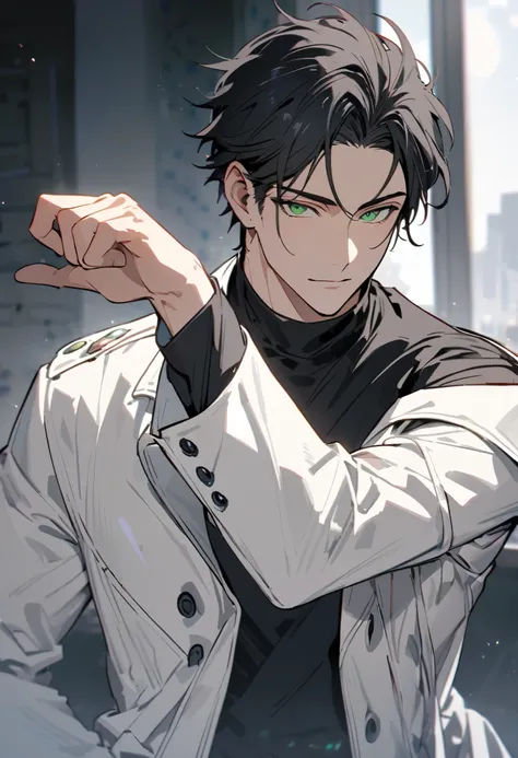 male, solo, handsome, innocent, adult, black hair, green eyes, cool pose, white trench coat, black t shirt inside, protagonist, beautiful color, high detail, happy