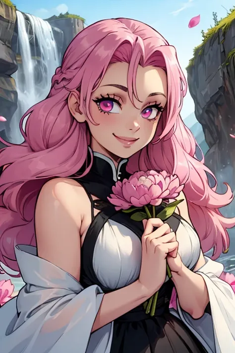 Perfect face. Perfect hands. A pink haired woman with violet eyes with an hourglass figure in a white and black dress is smiling while holding a fan  in a flurry of peony petals by a cliff