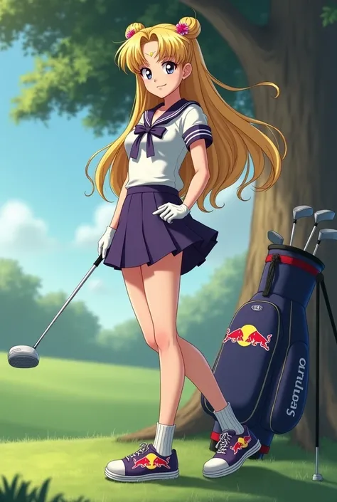 sailor moon, golf outfit, Shoes have Red Bull logo, Golf bag standing on a tree in the background, Alone, Smiling