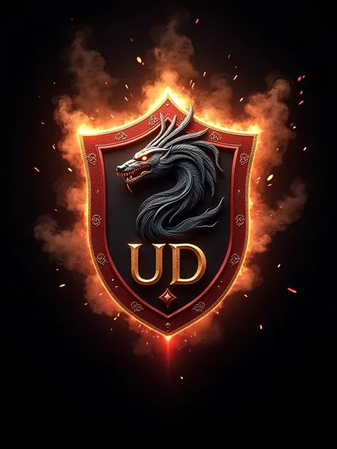 The image is a logo for a gaming company called "UD". The logo is in the shape of a shield with a shiva god head in the center. The snake face is facing towards the left side of the shield, with its mouth open and its mane flowing in the wind. The shield i...