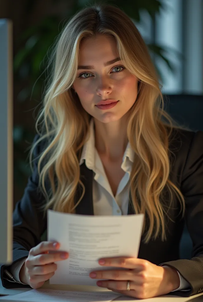  a beautiful girl with long blond hair,  detailed eyes, nose, and lips,   wearing professional clothing  ,  sitting in her office , using your computer,  (  borrowed letter ,4K,8k, highres, masterpiece:1.2), ultra-detailed,(realistic,photorealistic,photo-r...