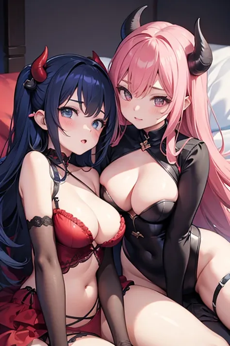 two girls together,  Sensual and provocative , demon girls, we are, breasts, penis,  anime style,  in bed, lesbians,  correct anatomy