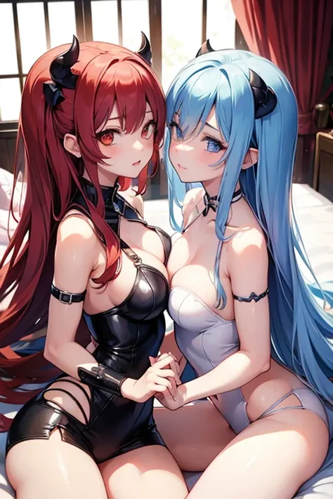 two girls together,  Sensual and provocative , demon girls, we are, breasts, penis,  anime style,  in bed, lesbians,  correct anatomy