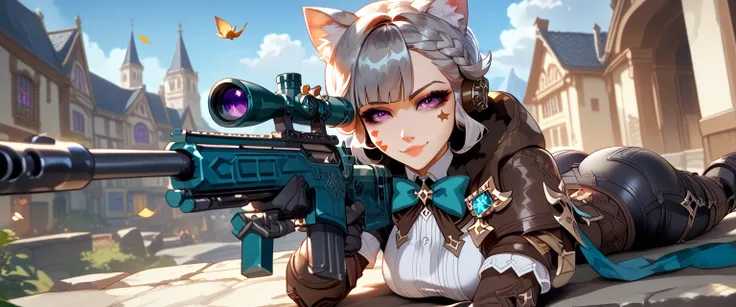 ultra-detailed, 1girl, solo, lynette (genshin impact), ((masterpiece)), (best quality), (highres), 16K, animal ears, cat ears, purple eyes, bow, facial mark, long hair, cat tail, grey hair, animal ear fluff, aqua bow, braid, star_(symbol), wearing tactical...