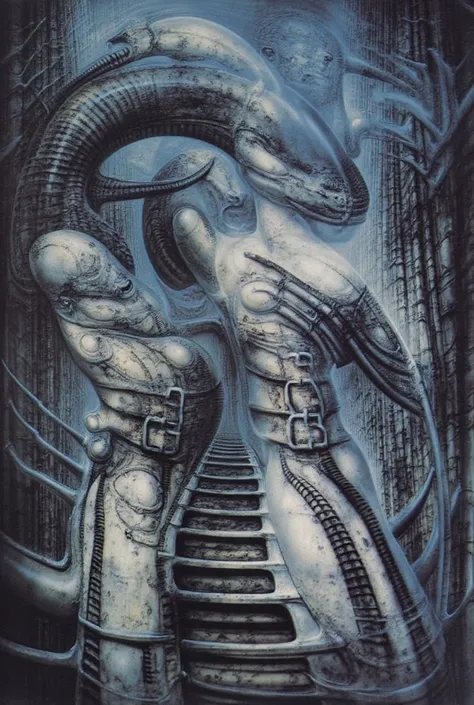 DARK BLACK COLORS, Giger_style, H. R. Giger's g1g3r, , Giger_style, The image is a detailed view of H.R. Giger's \" HRG Aleph \" plate, featuring ( The image depicts a surreal, intricate artwork featuring two humanoid figures with mechanical or industrial ...