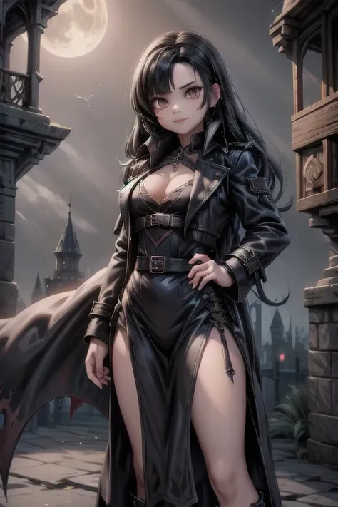 a vampire hunter girl wearing a Black Trench Coat, dark castle at night, castlevania art style, 