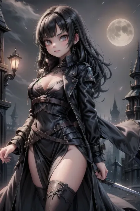 a vampire hunter girl wearing a Black Trench Coat, dark castle at night, castlevania art style, 