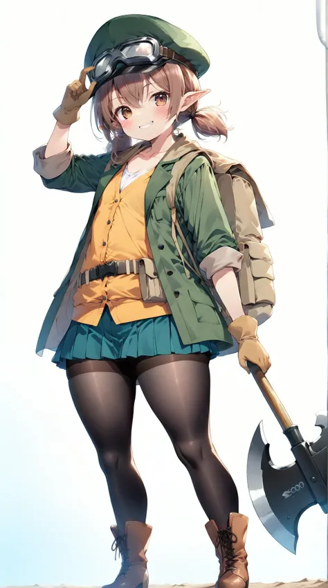 solo, (((Under 80 cm tall ))), ((( small  girl ))), ( plump body ), ( plump face),  chest,Thick thighs,( short legs), Smiling Quietly, Hand gloves , ((( Very Big Axe))), ( white background), ( standing picture),  Masterpiece,  anatomically correct, fuzzy b...