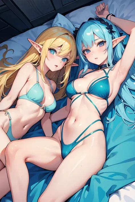 two girls together,  Sensual and provocative , Elf, wearing a semitransparent swimsuit, therefore (sexy and very provocative ),  anime style,  in bed, lesbians,  correct anatomy 