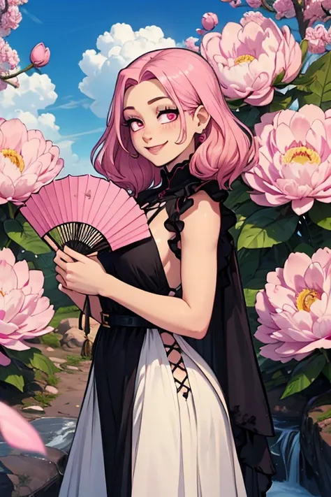 Perfect face. Perfect hands. A pink haired woman with violet eyes with an hourglass figure in a white and black dress is smiling while holding a fan  in a flurry of peony petals by a cliff