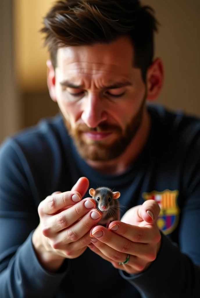 Create photos of Messi adopting a mouse and be cared for until the end of his life 