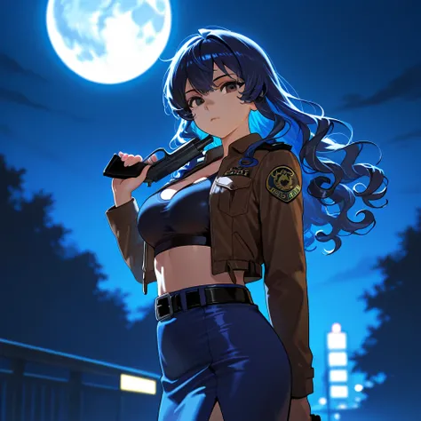 Very Dark Hair, Blue Hair, Long Hair, Curly Hair, Hazel Eyes, Breasts, Dark Blue Sports Bra, Brown Jacket, Blue Skirt, Belt, Police Officer, Solo, Holding Gun, Looking at viewer, Outside, Night, Full Moon