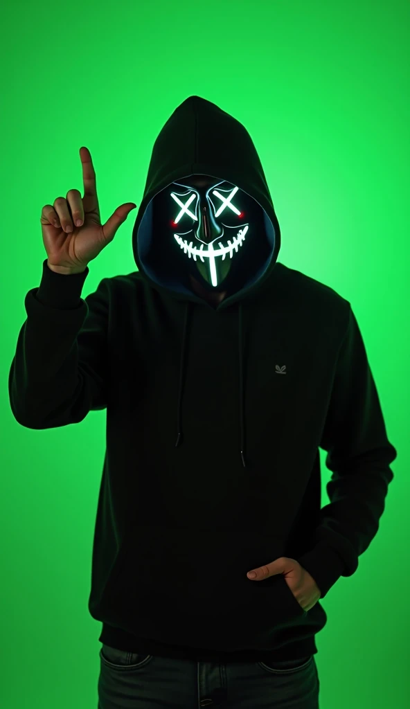 Create images of a man in a black hoodie with an ANONYMOUS mask, in a half-animated style on a png background with glowing white eyes, Raising the finger