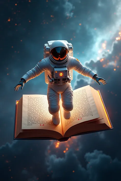 Create an astronaut-style image flying in space on top of a book-shaped spaceship)