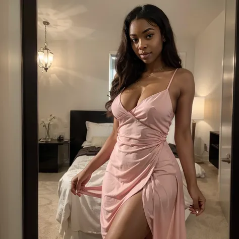 beautiful ebony woman dressed in sexy pink dress