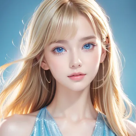 Very beautiful super long straight blonde hair、The ultimate beautiful girl、 baby face 、 beautiful bangs、 bangs between eyes、 Mastepice,  best quality, Illustration, Super detailed,  Fine Details,  high resolution,  8K wallpaper ,  perfect dynamic compositi...