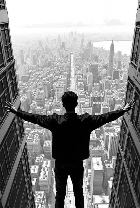 The perspective of a person with his arms out looking at the city from the top of a skyscraper with many details of black and white manga