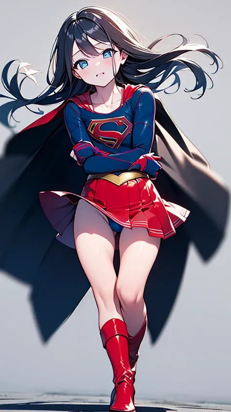 (full body), ( Masterpiece:1.2), (Highest_ quality:1.2), ( narrower _  Details:1.3), 8k, low angle，from below，Big Butt Girl,  medium chest, Pose in front,Bare legs， red boots， 3d rendering,(  supergirl)，  black hair， long hair， blue eyes， red skirt， skirts...