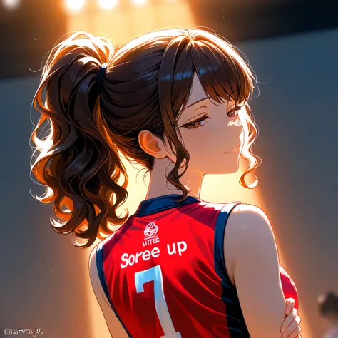 A 20-year-old volleyball player,  dark brown and wavy hair, com um ponytail e mechas na frente.  athletic body . She is wearing a red volleyball team uniform.  She is holding a volleyball with her left hand resting on her body,  while the other is free . s...