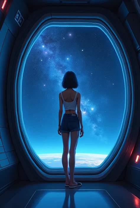 In a space ship, a short-haired woman wearing shorts stood inside and looked out the large window. Outside the window is a sparkling galaxy. The inside of the ship is modern. 3D style painting, with main dark blue tone