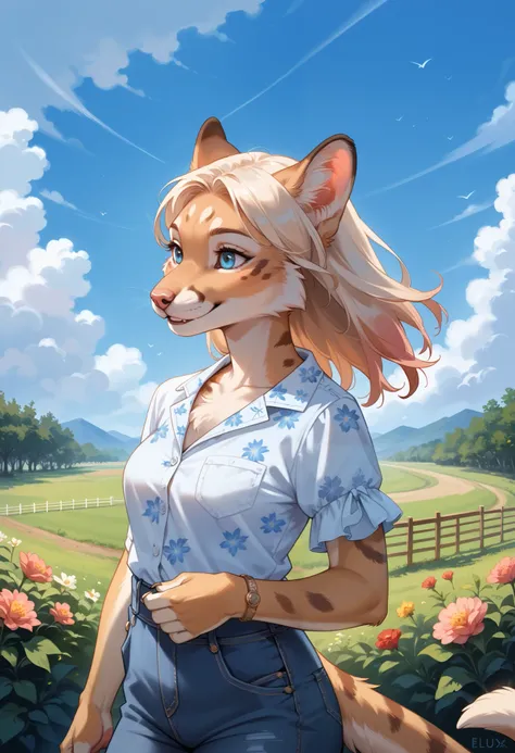 rating_safe, score_9, score_8_up, score_7_up, score_6_up, score_5_up, score_4_up, hires, source_furry(one scene of movie)nature, farm, Blue sky, clouds, florals Beautiful garden(furry anthro, solo, girl, casual fashion, Relux pose, Smile)cinematic lighting...