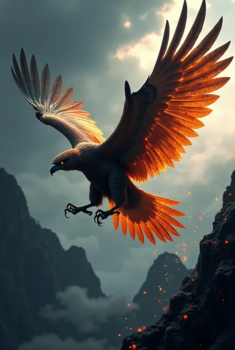 Super HD quality digital illustration rough detail realistic illustration Javanese eagle with fire texture details flying in dark sky rough dark mountain background