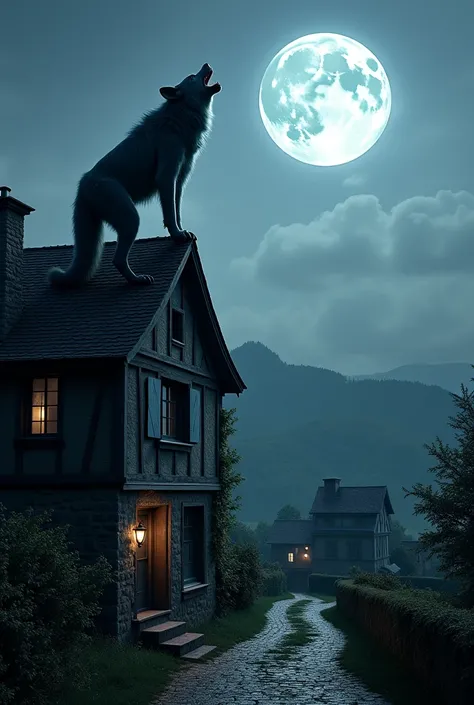 A French village under the full moon, un loup-garou, inspiration van helsing, se tient debout sur une maison et hurle à la lune,  ultra detailed ,  high definition, inspiration j r r Tolkien 