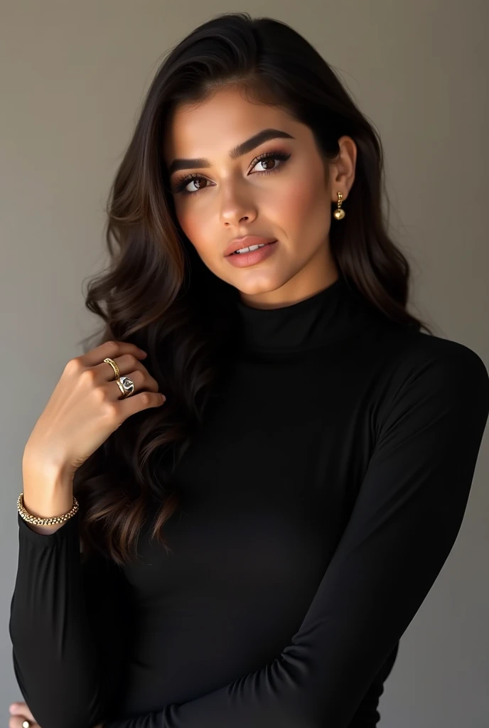 "A young and elegant woman with long, wavy dark hair poses confidently against a neutral and sophisticated background. She has a serene and self-assured expression, with flawless makeup highlighting her eyes and lips. She is wearing a black turtleneck blou...