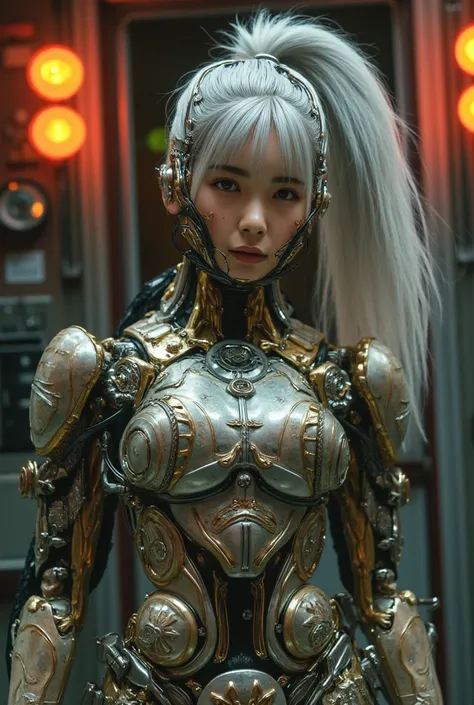 Image of Cyberpunk Girl, Of the highest quality, masterpiece, Ultra High Resolution, ((Photorealistic: 1.4), Raw photo, One Cyberpunk Girl, Glossy skin, One Mechanical Girl, (super realistic details)), Mechanical head, Mechanical body with metal armor, Lux...