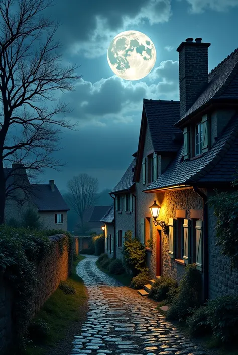 A French village under the full moon, un loup-garou  inspiration van helsing, se tient debout sur une maison et hurle à la lune,  ultra detailed ,  high definition, grand angle, inspiration j r r Tolkien 