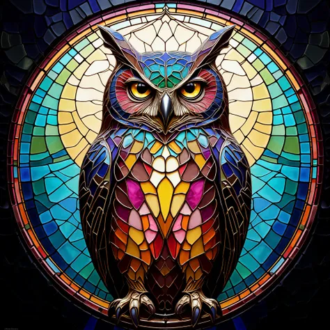 (Vivid Owl :1.2,  Exquisite Stained Glass Style Design:1.2, Mesmerizing artistry:1.1)
