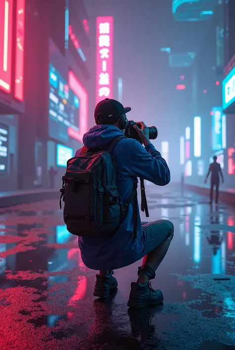 A gamer photographer trapped in a space video game where the weapons are cameras, arte digital, neon. 8K HDR High Resolution. Sharpness High Quality. Clean pic 