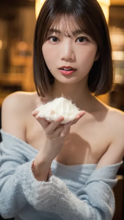  high-resolution photograph of an adult Japanese woman taken inside the port warehouse at night,  Photoreal,  Masterpiece,   great quality,  intricate details,   Professional Lighting ,  fashion shoot, Alone,  1 girl, (  off shoulder dress :1.2),  upper bo...