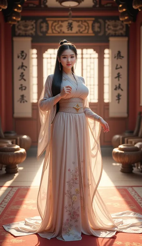 **Prompt:** Envision a serene scenery afternoon in an ancient Han Dynasty dwelling, where the air is filled with the rustling of silk and the soft whisper of traditional kimono dress. Create a hyperrealistic full-body portrait of a Chinese female character...