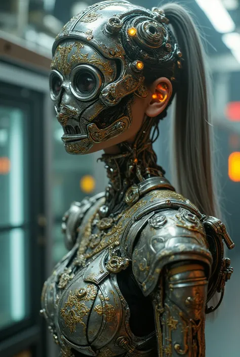 Image of Cyberpunk Girl, Of the highest quality, masterpiece, Ultra High Resolution, ((Photorealistic: 1.4), Raw photo, One Cyberpunk Girl, Glossy skin, One Mechanical Girl, (super realistic details)), Mechanical head, Mechanical body with metal armor, Lux...