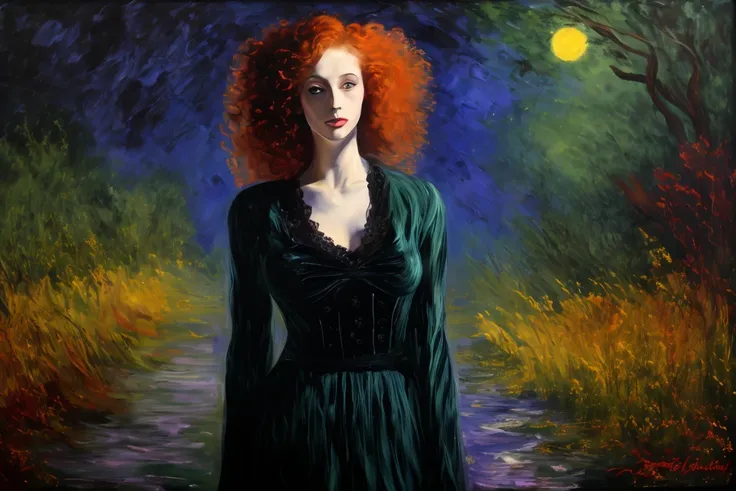  impressionist oil painted , Monet , Impasto,  portrait of a beautiful daring and sensual woman in a dark room ,  porcelain skin and gothic makeup ,  long fiery red curly hair ,  green velvet dress ,  looking at the camera , midnight blue , gold, Ruby,  ri...