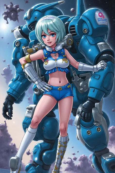 a sexy space warrior (cute, bubble helmet, adorable jetpack with flower stickers, blue sexy sailor string bikini  uniform with big collar and blue frilled micro skirt, metallic knee high jet boots with flower stickers, huge laser rifle, skin has a light bl...