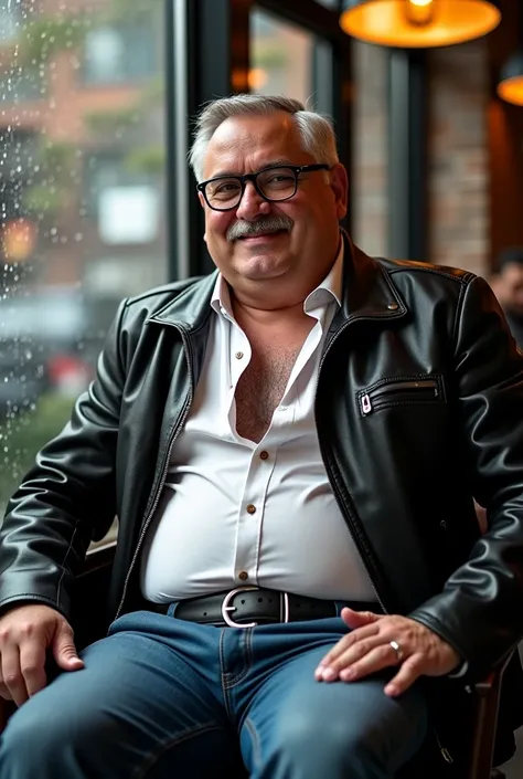 Chubby Oldman mix india and Turkish 50 year old, thin short hair  , masculine, handsome and dashing, thin moustache, glasses, wearing black leather jacket, unbotton white shirt showing his hairy chest, tight jeans, sitting astride on the chair in coffee sh...