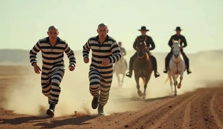 masterpiece, UHD, 8K, fullbody photo of two very different 18 years old bald convicts in very dirty and stained black and white horizontally striped prisonjumpsuits running on a dusty field, very dusty black boots in the style of skinheads, very different ...