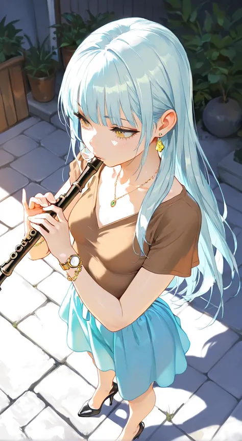 NSFW, masterpiece, best quality, amazing quality, very aesthetic, realistic detailed anime, home, backyard, 1girl, \(alone, long hair, light blue hair, straight bangs, yellow eyes, small breasts, thin, (tall), brown shirt, heels, earrings, necklace, bracel...