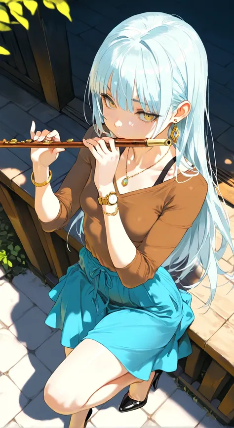 NSFW, masterpiece, best quality, amazing quality, very aesthetic, realistic detailed anime, home, backyard, 1girl, \(alone, long hair, light blue hair, straight bangs, yellow eyes, small breasts, thin, (tall), brown shirt, heels, earrings, necklace, bracel...