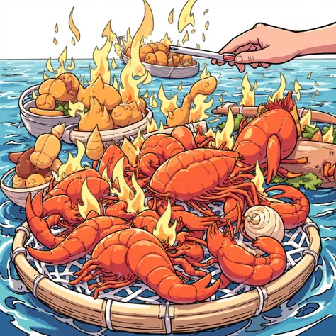 Shellfish are being burned on a net 、Scallops and turban shells 、There is color all over the picture 、Each part isn't too complicated 、 Each part is large and easy to understand pattern、Clear Colours 、A clear pattern、Thick Line、 hand-drawn illustration、Sim...