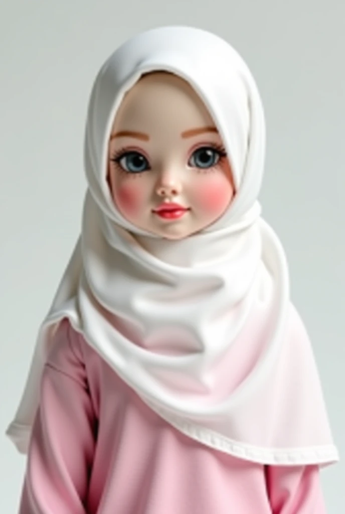 Make me Realistic figure of a slightly chubby Barbie white skin with a pink shirt and white hijab