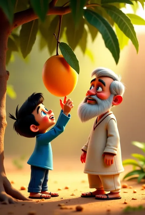 2. Ahmed Trying to Pick a Mango:
A charming scene of Ahmed, a  boy with black hair, big blue eyes, a smiling face, wearing a blue shirt and blue pants, reaching up eagerly to pluck a ripe mango from a tall tree. His grandfather, an elderly man with a white...