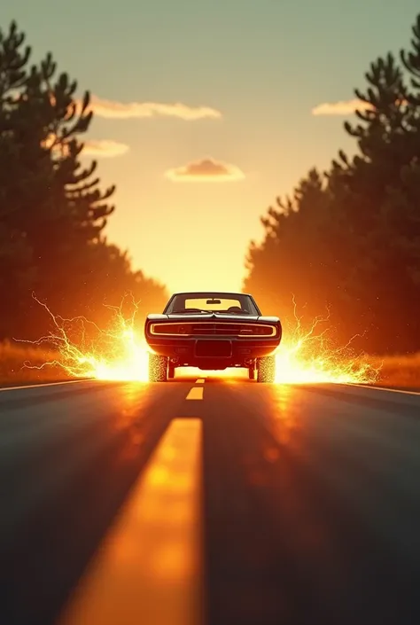 A video where you can see a moving foreground across a long and beautiful road, Until you reach a car standing in the middle of the street, a Dodge Charger 69 matte black car; When you bring the socket closer to the car,  come out of the battery poles, the...