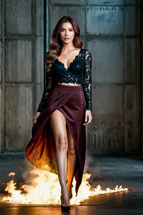  1girl,  by Emily Kell and Louis Roy , 27 years old,  official image , 8k wallpaper, full length,   very detailed ,  beautiful and aesthetic ,  red hair,  brown eyes,  nude , , leather skirt, weak smile,  Masterpiece ,  better quality,  realistic,  extreme...